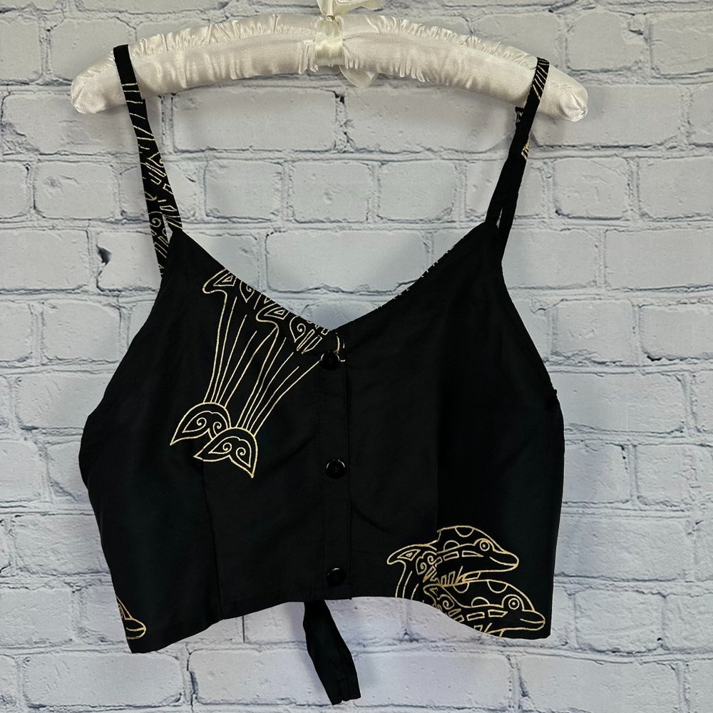 Rima Women's Porpoise Themed Tie Back Halter Top, Size Small, Black w/ Gold